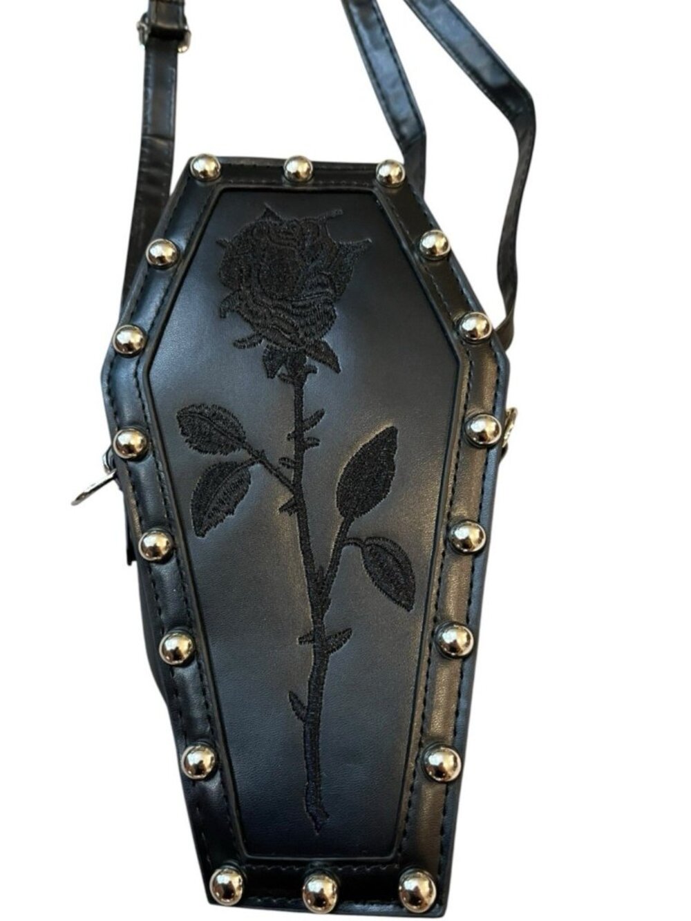 Coffin Shoulder Bag Black Rose Embroidered Studded Casket Shaped Purse New